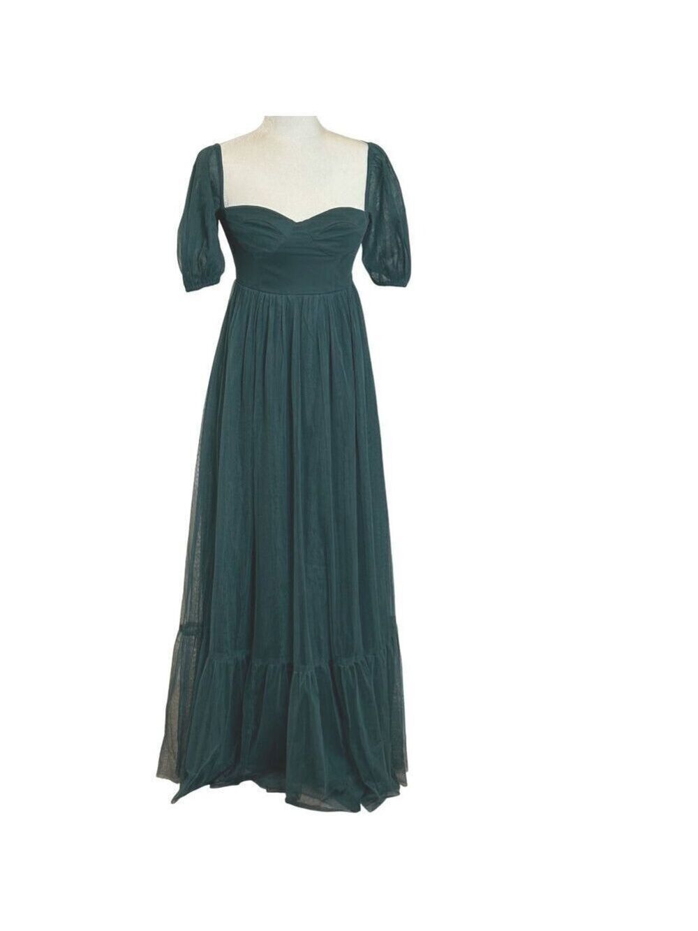 Anaya With Love Emerald Green Tulle Maxi Dress Size 2 Puff Sleeve Formal Gown